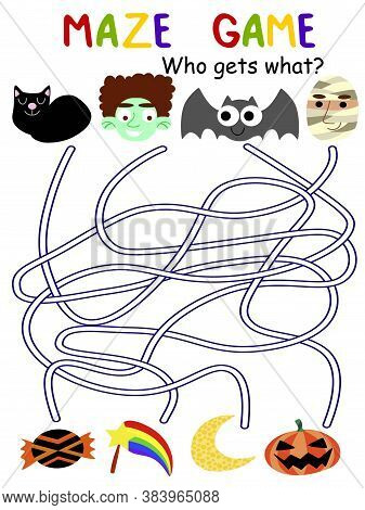 Halloween Maze Game For Kids Stock Vector Illustration. Educational Funny Worksheet With Black Cat, 