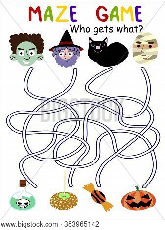Halloween Maze Game With Cartoon Characters Stock Vector Illustration. Who Gets What Visual Puzzle F