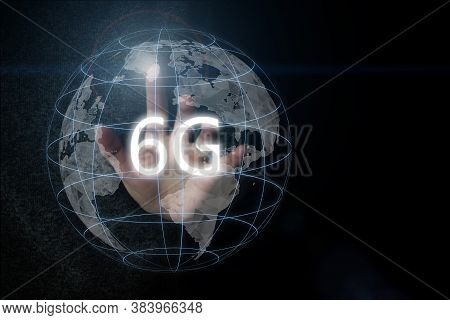 6g Network Digital Hologram And Internet Of Things On Earth Background.6g Network Wireless Systems. 