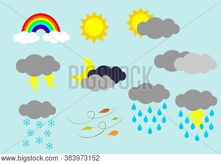 Weather Icons Set. Flat Vector Symbols On Light Blue Background.