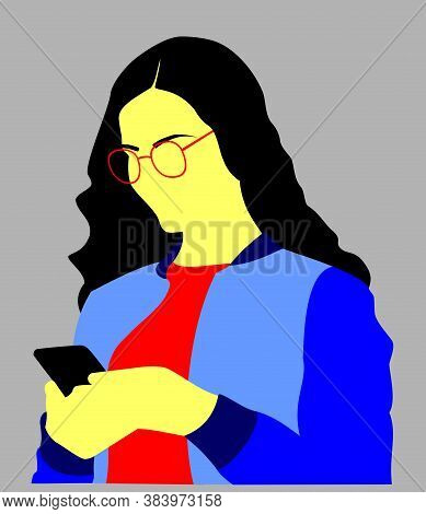 Woman With Black Hair And Glasses Looking At Her Cellphone