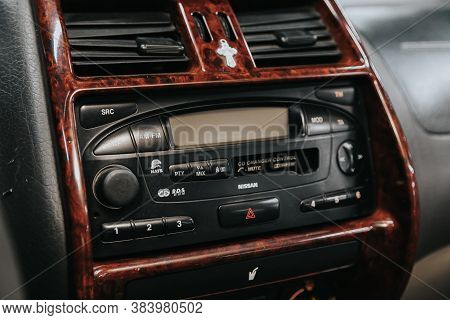 Novosibirsk, Russia - September 05, 2020: Nissan Terrano,  Modern Black Car Interior: Radio, Audio S