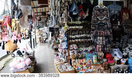 Souvenir Market In Yaremche With Traditional Carpathian Handmade Clothing, Herbs And Wooden Tools. U