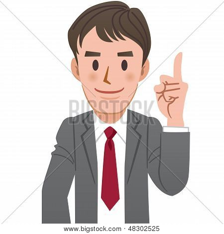 검지 손가락으로 위쪽 가리키는 사업가