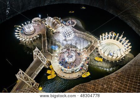 Underground Lake In Turda Salt Mine