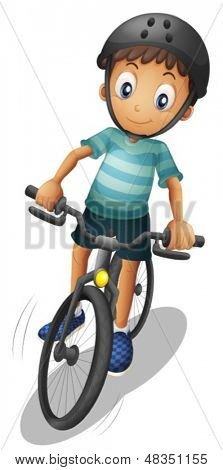 Illustration af en dreng cykel iført en hjelm på en hvid baggrund 