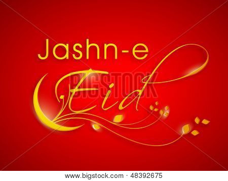Golden text Jashn E Eid (Celebration of festival Eid) text with golden moon on shiny red background. 