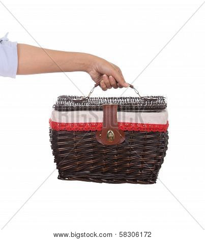 Hand With Weave Wicker Basket Bag