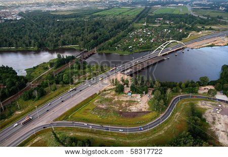 Aerial View Of Motor Bridge Under Construction Beltway St. Petersburg.