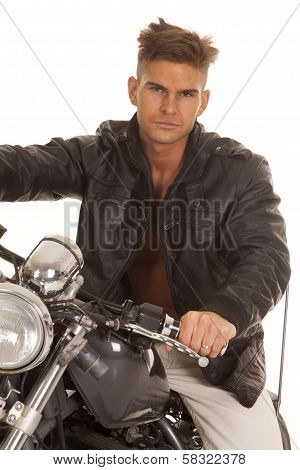 Man Leather Jacket Close Sit Motorcycle