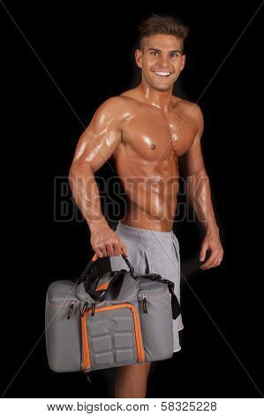 Man No Shirt Shiny Stand Hold Bag