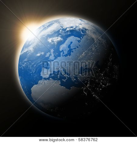 Sun Over Europe On Planet Earth