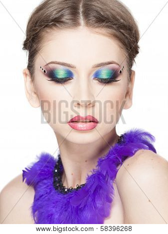 Beautiful Model Wearing Blue Make-up - Studio Shot Isolated On White