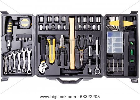 toolbox set of tools include hammer wrench bit driver pliers hex key bush level hex key