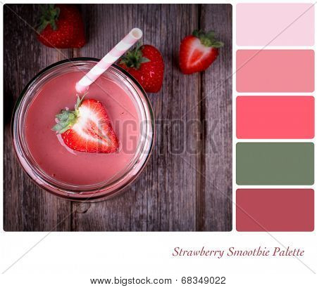 A strawberry smoothie in a glass jar, vintage style, in a colour palette with complimentary colour swatches