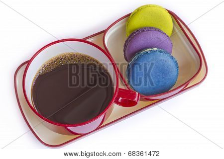 Red Cup Of Coffee And Colorful Biscuit Isolated On White Background