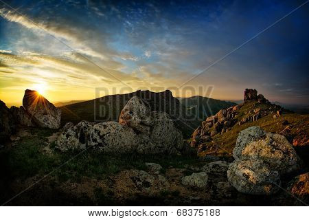 mountain landscape at sunset  in Dobrogea, Romania