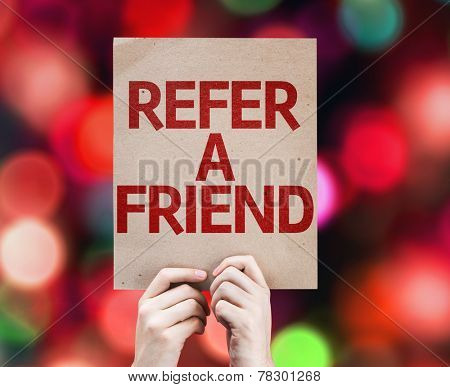 Refer a Friend card with colorful background with defocused lights