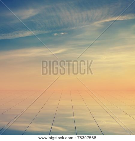 blue sky and miror floor, cloudy background, retro film filtered, instagram style 