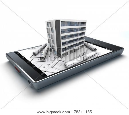 3D rendering of a smart phone with a building and blueprints jutting out