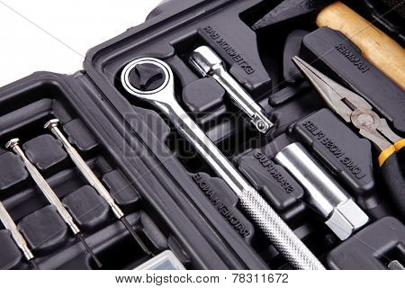 toolbox set of tools include hammer wrench bit driver pliers hex key bush level hex key