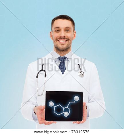 medicine, technology, people and biology concept - smiling male doctor showing tablet pc computer screen with molecular model over blue background