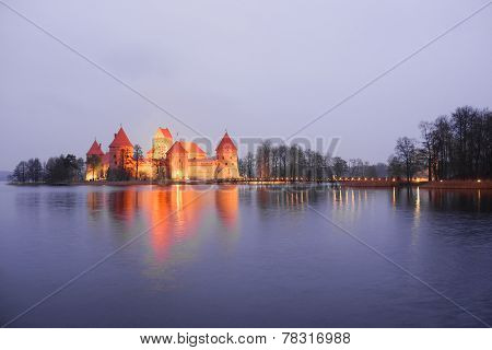 Lithuania, Trakai - November 17, 2014: Trakai Castle at night - Island castle in Trakai is a museum and a cultural center.