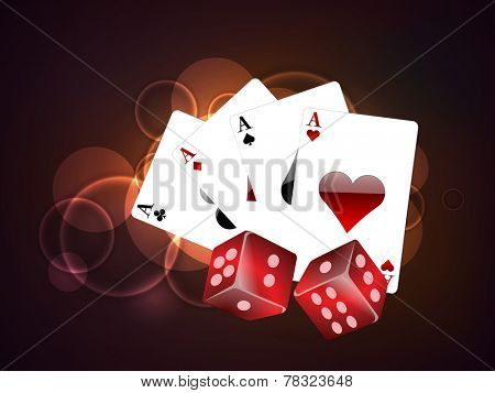Set of playing cards ace and red dices on stylish colorful background.