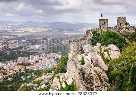 Sintra, Portugal at the Moorish Castle and Sintra townscpe.