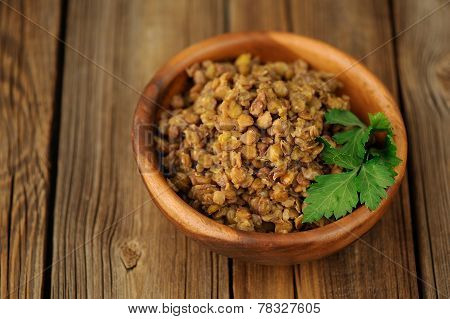 Cooked Lentils In Wooden Bowl