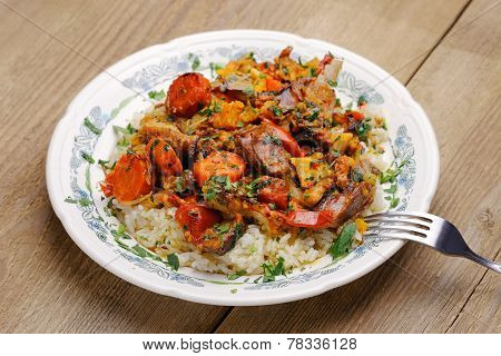 Lamb Ragout With Vegetables And Rice In White Plate