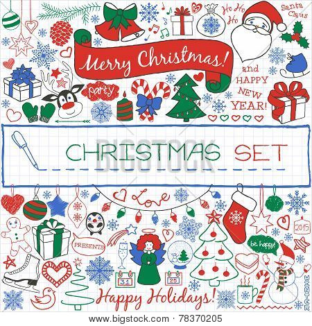 Doodle Christmas season icons and vintage graphic elements.