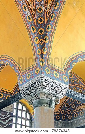 Interior Of The Hagia Sophiya. Ceiling And Pillar On First Floor, Istanbul, Turkey