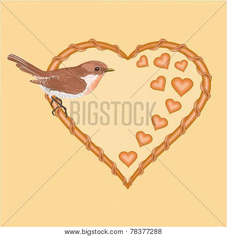 Valentine Wicker Heart And  Bird Vector