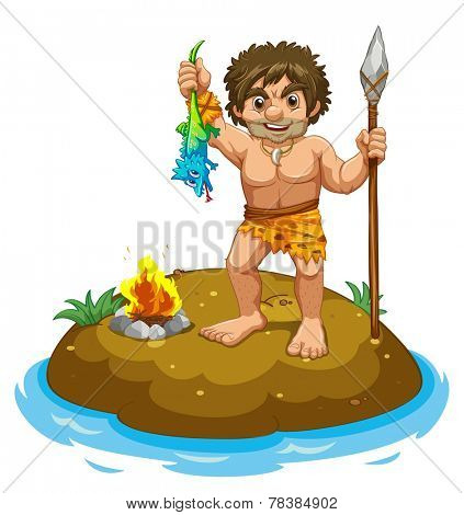 Caveman standing on a small island 
