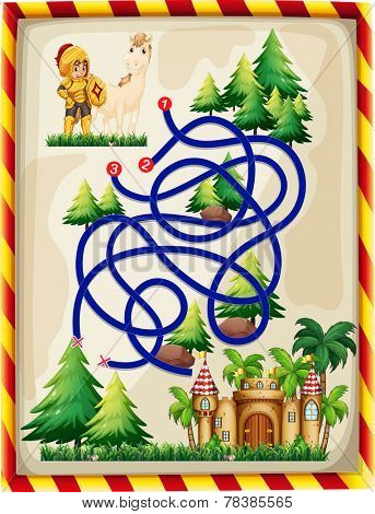 Illustration of a maze game with a knight and a castle