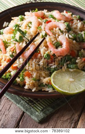 Japanese Chahan: Fried Rice With Shrimp Closeup. Vertical