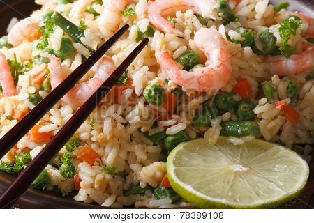 Japanese Chahan: Fried Rice With Shrimp Macro. Horizontal