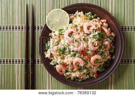 Fried Rice With Seafood And Egg Close-up, Horizontal Top View