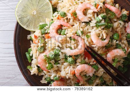 Asian Fried Rice With Seafood Macro, Horizontal Top View