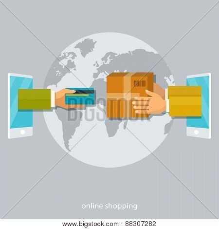 Vector flat illustration. Shopping concepts, payment with card, delivery service.