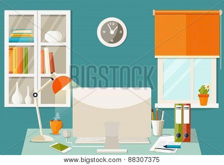 Vector flat illustration. Workplace concept. Modern home office interior