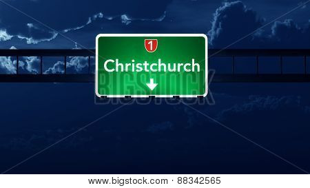 Christchurch New Zealand Highway Road Sign At Night