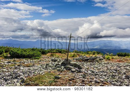 Mountain Autumn Landscape With Direction Indicator Tourist Trail