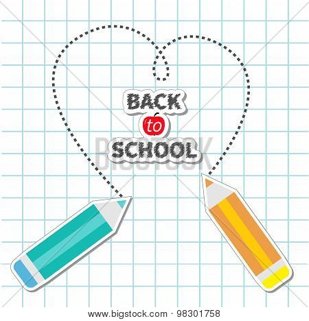 Two Pencils Drawing Dash Heart Paper Sheet Background Exercise Book Back To School Card. Flat Design