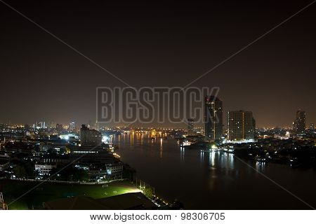 View At Night In The Chao Phraya River In Bangkok Thailand In The Yan Nawa Area