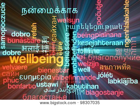 Background concept wordcloud multilanguage international many language illustration of wellbeing glowing light