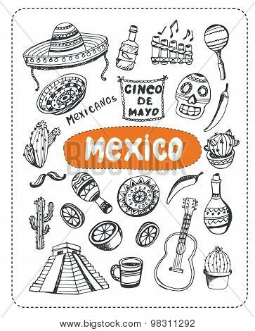 Mexican associated symbols. Mexican national and cultural related and sketches with pen Mexican ethnic elements. Latin America concept sketches and Mexican background sign. Mexican vector doodle. Mexican art. Sombrero, tequila, Mayan pyramid, guitar.
