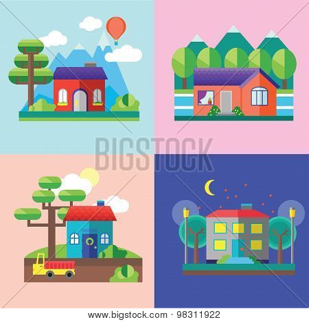 Color vector flat icon set and illustrations urban and village landscapes: nature, mountains, lake,