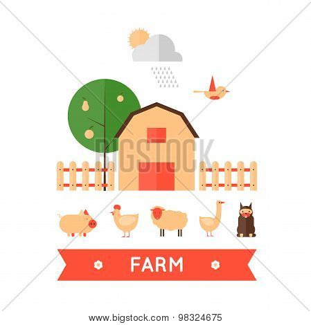 Farm in village set of icons